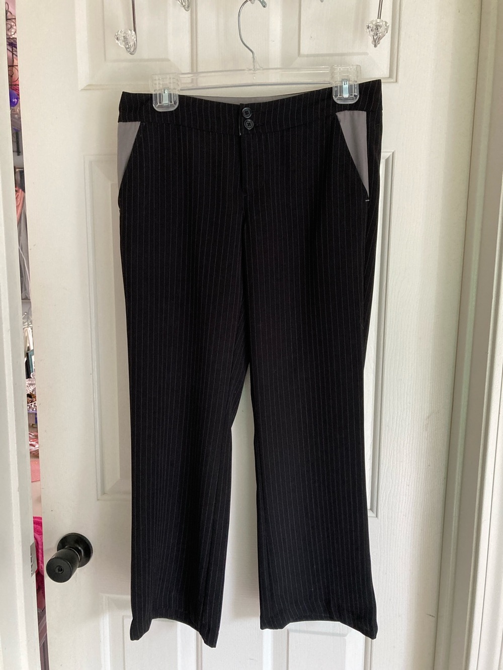 split Black Pinstripe Capris with Gray Pocket Insets